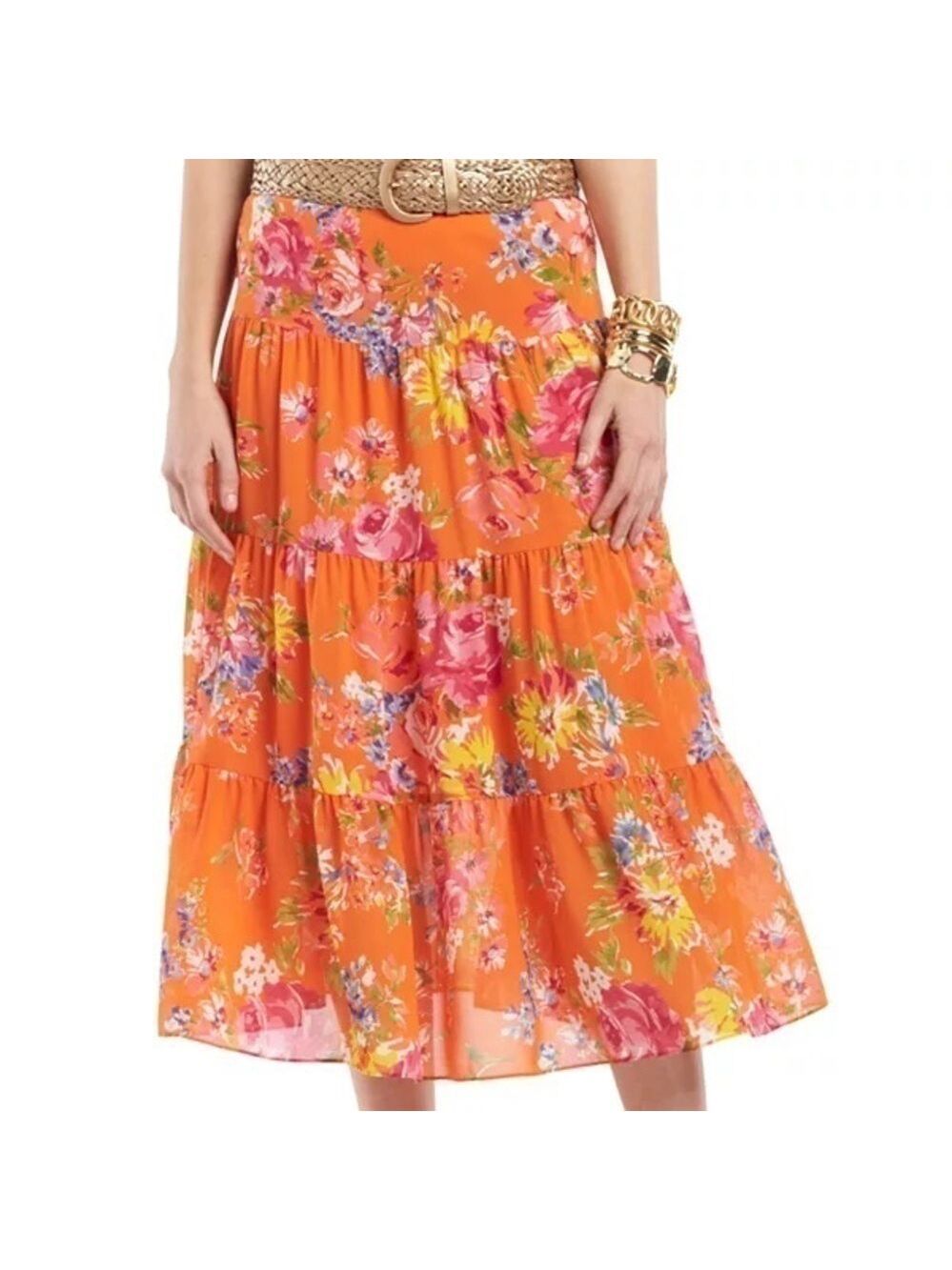 CHAPS - Floral Flowy Tiered Midi Skirt XS